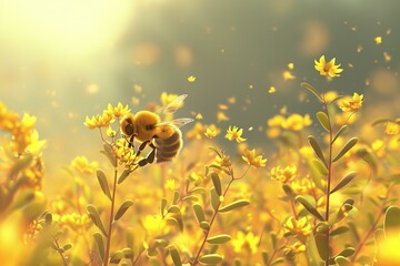 Wall Mural - Honey bee pollinating yellow flowers in a field during springtime