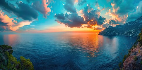 beautiful sunset over the panoramic view of the coast at sunrise with blue sky and orange clouds.v