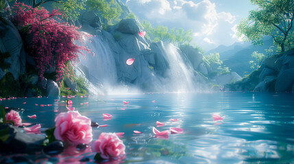 Wall Mural - Pink flowers on a tree growing next to a waterfall. Pink flower petals floating on the lake surface romantic, with vines, romantic river view.