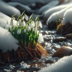 Wall Mural - AI generated illustration of snowdrops blooming by a flowing stream with patches of snow