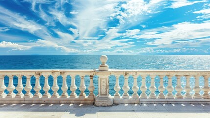 Wall Mural - a white marble balcony with railings against the backdrop of a pristine blue sky and sea, adorned with fluffy white clouds, overlooking the expansive ocean.