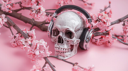 Wall Mural - Skull Wearing Chrome Headphones with Pink Flowers on Branches, on Pink Background.