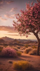 Wall Mural - AI generated illustration of a beautiful desert landscape at sunset with blooming pink flowers