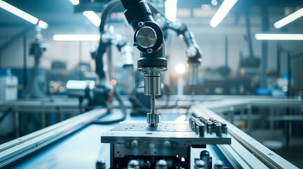 Wall Mural - An industrial robot controlled by artificial intelligence assembling parts on a production line in a factory. Industry, technology, artificial intelligence.