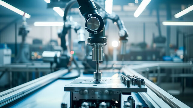 An industrial robot controlled by artificial intelligence assembling parts on a production line in a factory. Industry, technology, artificial intelligence.
