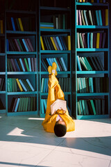 Female in yellow formal suit lying on floor and reading book 