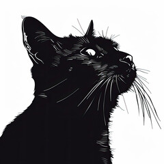 Wall Mural - A black and white drawing of a cat looking up