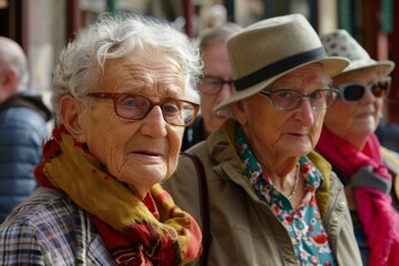 Sticker - Portrait of a senior woman with glasses on the background of the street