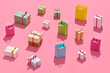 © Marc Tran/Stocksy - little gift boxes and shopping bags on pink background