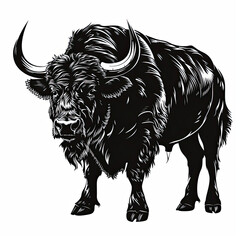 Wall Mural - A black and white drawing of a yak with long horns
