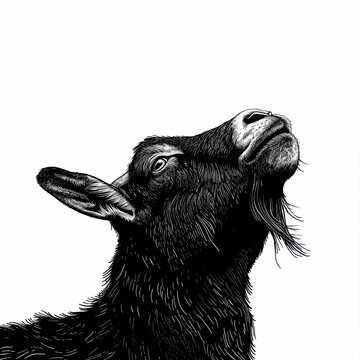 A black and white drawing of a goat looking up