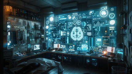 Aufkleber - A futuristic room with a large holographic display showcasing medical data during a virtual gastroenterology consultation.
