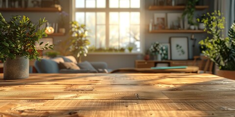 Wall Mural - A wooden desktop in the foreground, clean style living room in the background