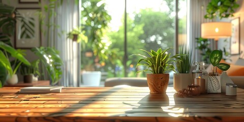 Wall Mural - A wooden desktop in the foreground, clean style living room in the background