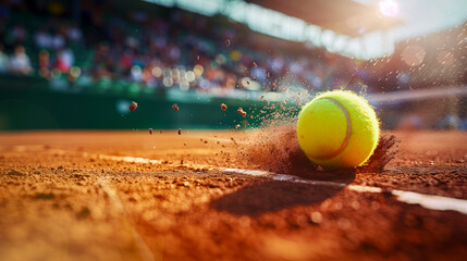 detail of a tennis ball hitting the clay court during a match