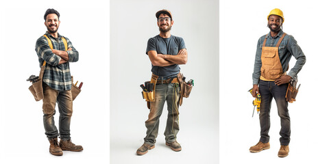 Construction workers team smiling with arms crossed on white background