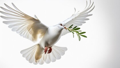 Poster - white dove of peace flying with green olive twig isolated on transparent background with space for text
