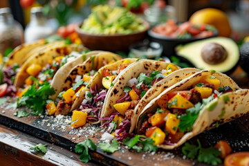 Wall Mural - Tacos filled with colorful ingredients on a wooden board.