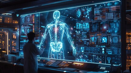 Poster - A doctor examines a holographic human body projected on a large screen in a futuristic laboratory.