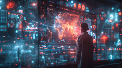 Aufkleber - a medical conference attendee interacts with a holographic presentation on a large screen, showcasin