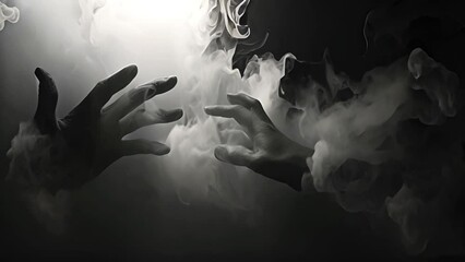 Wall Mural - Spooky scary hands in smoke. Zombie hand on dark background with fog in mystery landscape. Scary horror 4k video design