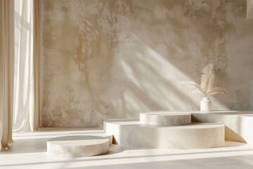 Poster - Three empty round podiums bathed in sunlight streaming through a window with sheer curtains