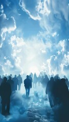Wall Mural - group of people walking in foggy, misty atmosphere