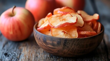 Canvas Print - A bowl of apple chips sits on a wooden table next to a bowl of apples