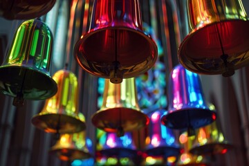 Poster - Many colorful metallic bells hanging and creating a beautiful bokeh effect