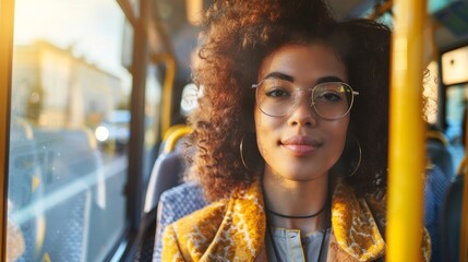 Wall Mural - A woman with curly hair and glasses is sitting on a bus