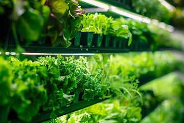 Canvas Print - Vertical farm facility, showcasing rows of leafy greens and herbs growing vertically in stacked layers under artificial lighting, sustainable farming practices for urban agriculture food production