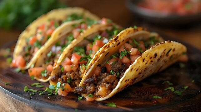 four tacos with meat and tomatoes on a wooden board