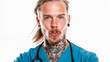 © woret - tattooed male nurse wearing blue scrubs and stethoscope against white background