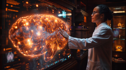 Leinwandbilder - A woman in a lab coat interacts with a holographic display of the human brain, demonstrating the potential of advanced technology in healthcare.