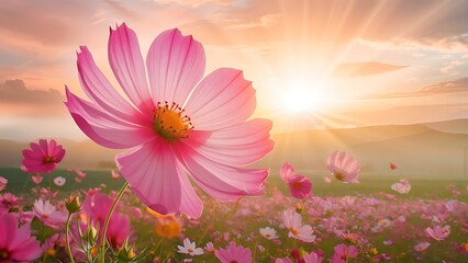 Beautiful pink cosmos flower blooming in the field with sunrise