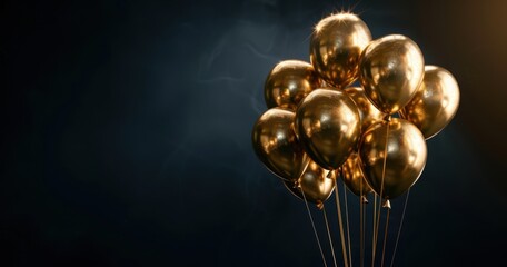 Wall Mural - Bunch of golden balloons on dark background with copy space for text, banner design Generative AI