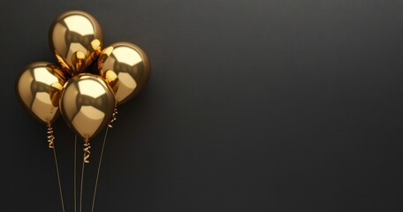 Wall Mural - Gold balloons on a black background, in a minimalist style, banner with copy space area Generative AI
