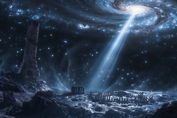 A quasar's beams spotlighting the ruins of an ancient alien civilization