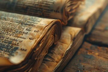 Poster - Close up of an ancient book open showing folded paper with beautiful lettering on a wooden desk