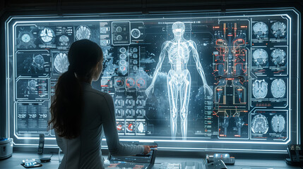 Poster - A woman in a white uniform stands in front of a large holographic screen, displaying a skeletal model and medical data, during an oncology consultation in a futuristic medical setting.