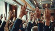 © Business Pics - At a corporate event business professionals participate in a conference and convention. Raised hands showcase active involvement in a meeting training seminar and discussions. hyper realistic