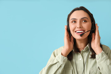 Poster - Female technical support agent in headset on blue background