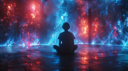 Poster - A person sits in a meditative pose in a futuristic room illuminated by holographic projections of blue and red light.