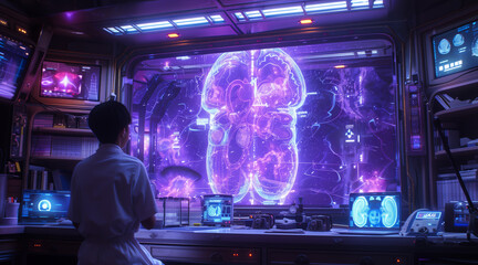 Aufkleber - A futuristic medical setting where a patient views a holographic scan of the brain, potentially for a urology appointment.