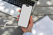 © Artem Podrez/Stocksy - Mockup phone with white screen . Outdoor Business Setup