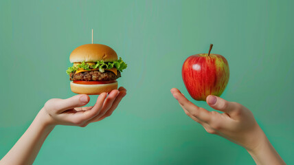 Wall Mural - Unhealthy vs healthy food. Burger and apple in different hands on green background . Choice between fast foods and vegetables,