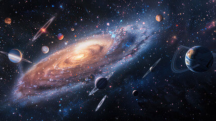 Wall Mural - Universe scene with planets, stars and galaxies in outer space showing the beauty of space exploration