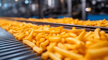 Canvas Print - A conveyor belt is filled with french fries
