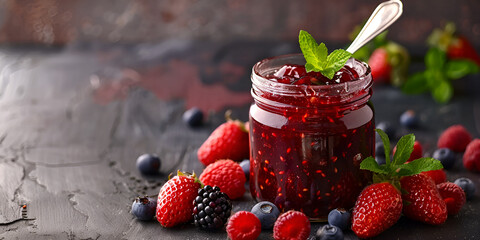 Wall Mural -  A jar of fresh berry juice with mint leaves and strawberries on a dark background.