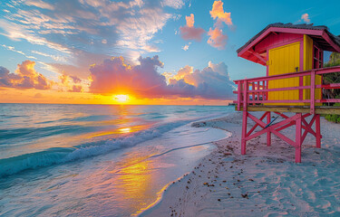 A beach with a red and yellow lifeguard station. The sky is a beautiful mix of pink and orange hues, creating a serene and peaceful atmosphere